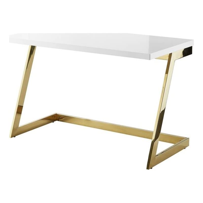 Aluna Modern Stainless Steel Base Writing Desk in White/Gold