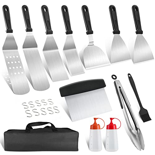 GIKPAL Kit Barbecue, 23Pcs Ensemble de Spatules en Acier Inoxydable avec Sac de Rangement, Spatule Plancha Ustensile Barbecue pour Plaque Chauffante, BBQ Camping, Teppanyaki