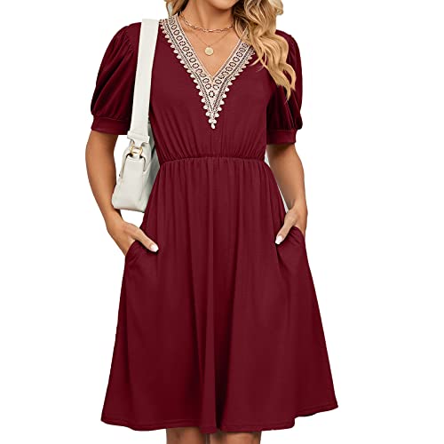HANERDUN Kleider Damen Boho Kurzarm Sommerkleid Hohe Taille Freizeitkleid mit V-Ausschnitt