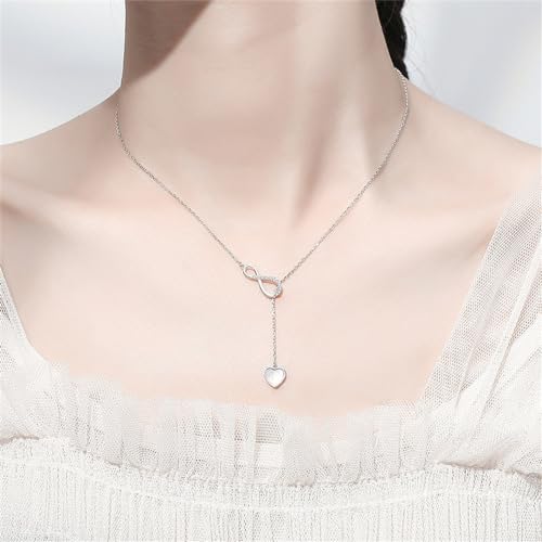 Infinity Lariat Y-Necklace for Women 925 Sterling Silver Love Heart Mother of Pearl Pendant Long Link Chain Necklaces Adjustable Delicate Wedding Birthday Valentines Jewelry Gift 20 inches2
