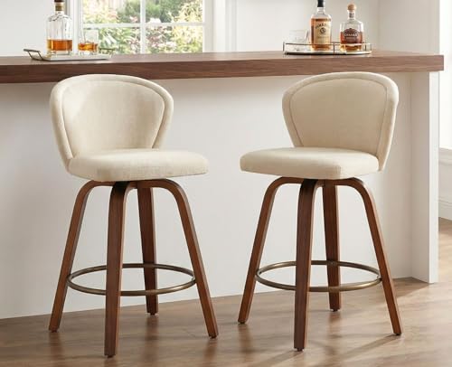 Image of HNY Swivel Counter Height Bar Stools Set of 2, 26 Inch Barstools with Walnut Wooden Leg and Back, Modern Linen Upholstered Counter Stools for Kitchen Island, Beige