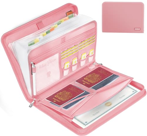 JUNDUN - JUNDUN Fächermappe - Dokumentenmappe a4 mit mehreren Fächern - Feuerfest Dokumententasche mit Reißverschluss und Etiketten - für A4-Dateien und mehr (13 Fächern, Rosa)