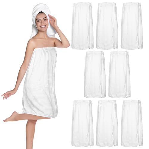 Tigeen 8 Pcs Spa Wraps for Women Bath Spa Wrap Spa Robes with Adjustable Closure and Elastic Top Lightweight Spa Robe (White Strips)