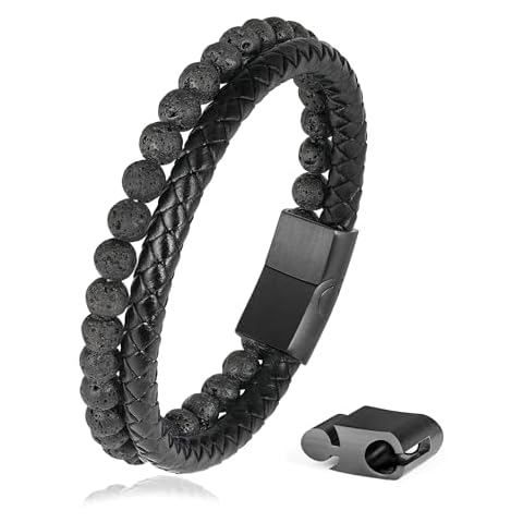 Gifts for Men - Mens Bracelet, Lava Rock Stone Black Mens Beaded Bracelets Braided Mens Leather Bracelet Mens Bracelet Beads Mens Jewelry Gifts for Boys Valentines Day Gifts for Men Boyfriend Husband Cover