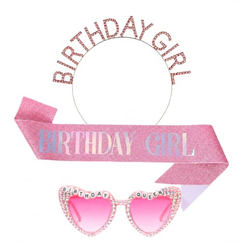 Decoration Anniversaire Femme Birthday Girl Kit 3 Pièces avec Lunettes Cœur Rose Strass, Couronne Princesse et Echarpe Anniversaire 9,5 x 160 cm, Deco Anniversaire pour Fille Femme Soirée Photo