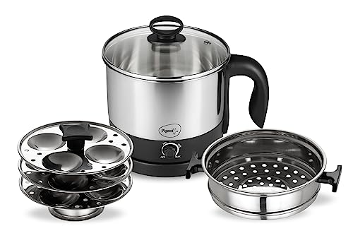 Pigeon By Stovekraft 1.5 Liters Multipurpose Kessel 3 In 1 Value Pack, Multi Cooker, Idli Stand With 3 Plates, Steamer With Stainless Steel Stand (Black & Silver), 600 Watts
