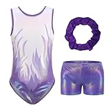Hovershoes Leotardo de gimnasia para niñas, manga larga, sin mangas, brillante, para ballet, baile, atletismo, ciclista, con pantalones cortos, conjunto de body de práctica de gimnasia, Morado-b, 7-8