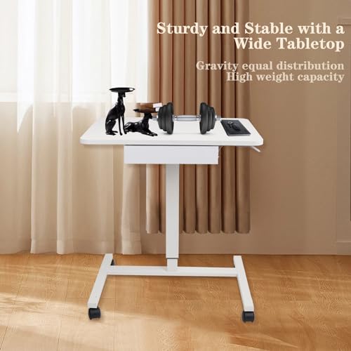 Image of CLATINA Mobile Laptop Standing Desk Adjustable Height, Computer Desk Teacher Podium with Lockable Wheels, Work Table with Drawer, Portable Rolling Side Table Bed Desks for Home Office Classroom, White