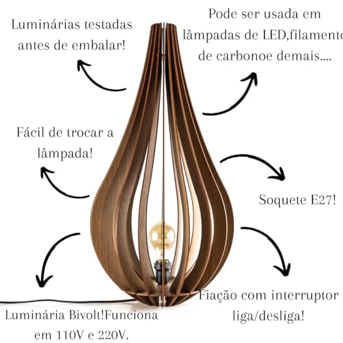 2 Abajur De Mesa Adhara 40 Cm Para Quarto Comoda Sala Mdf