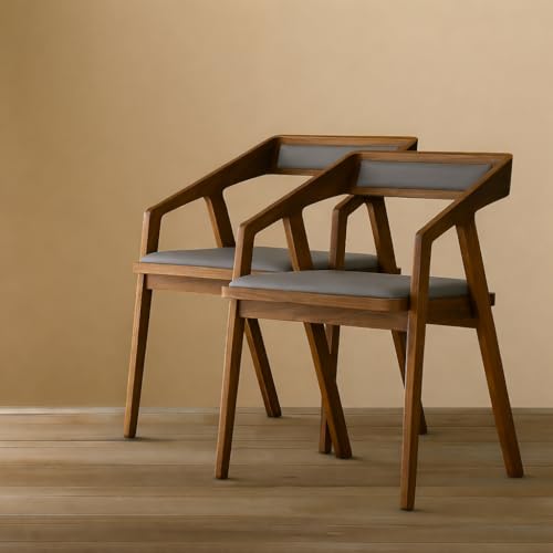 Image of Set of 2 Wooden Cafe Arm Chairs with Grey Cushion Seat, Solid Sheesham Wood Accent Chairs for Home and Restaurant