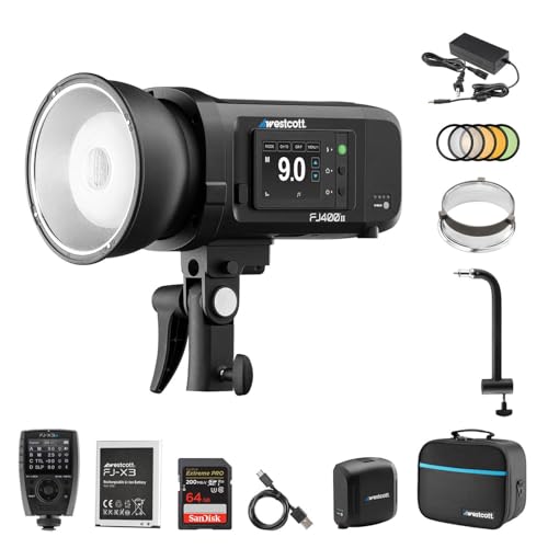 Westcott FJ400 II 400Ws Strobe with AC/DC Battery | 550+ Full Power Flashes w/FJ-X3m Universal Wireless Flash Trigger, 8" Shorty Offset Extension Arm & 64GB Extreme PRO SDXC Memory Card Bundle Set