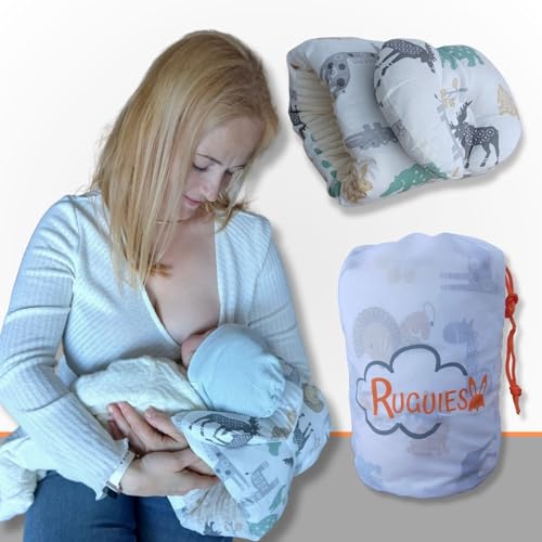 RUGUIES- Cojín de Lactancia Ergonómico para Bebés + Almohada Antireflujo para la Cabeza del Bebé a 45º para Máximo Confort- Lactancia Materna o Biberón-De Viaje, Portátil y Pequeño-Oeko Tex.