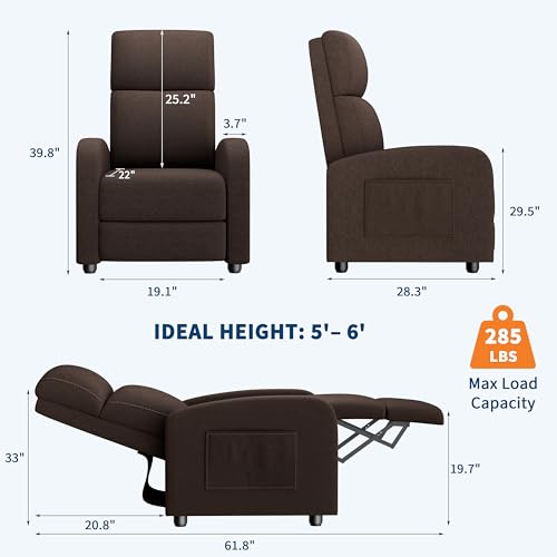 Image of GarveeHome Linen Fabric Manual Recliner Chair, with Side Pocket, High Backrest, Thick Cushion, Adjustable Push Back Recliner, Lazy Lounge Chair for Living Room, Home Theater, Bedroom, Brown