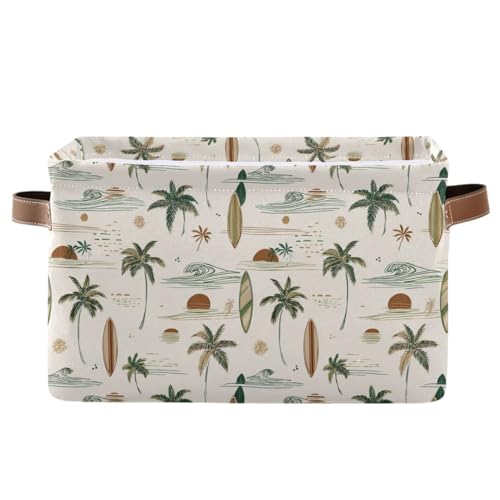 Image of Aslsiy Storage Basket - Hawaii Palm Surf Nursery Bins Brown Baby Box Canvas Clothes Shelf Laundry Hamper Gift Basket for Home Closet - 1 Pcs