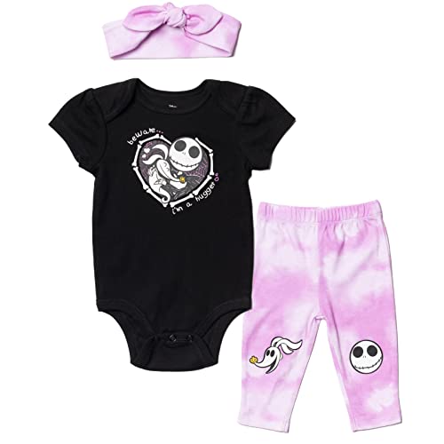Image of Disney Nightmare Before Christmas Zero Sally Jack Skellington Baby Girls Bodysuit Pants and Headband 3 Piece Outfit Set
