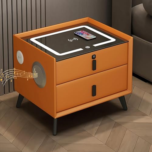 HJYBFA Mesita de Noche Inteligente Multifuncional, Carga inalámbrica + Carga USB, luz táctil Tricolor, Altavoz Lateral (Naranja, 2 cajones)