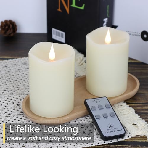 Image of TECHLONG Flameless Candles Battery Operated with Remote Timer, 3D Moving Flame Flickering, Last 600+ Hours Battery Candles, 3 inch x 4 inch Ivory Real Wax Electric LED Candle for Wedding Party, Set of 2
