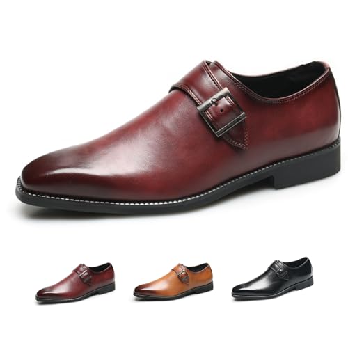 Image of Men's Leather Square Toe Monk Strap Loafers,Classic Slip on Dress Shoes,Low Top Formal Business Oxford Shoes