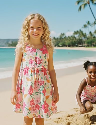 Image of PATPAT Girls Summer Dress Hawaiian Floral Beach Tropical Sundress 2-7 Years | Midi Spaghetti Strap Dress with Lining