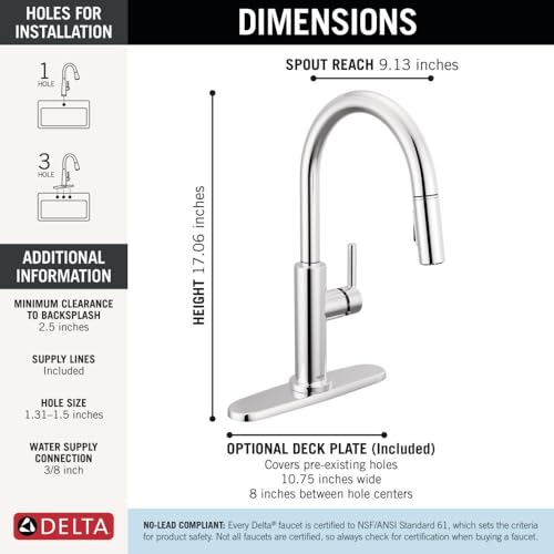 Image of Delta Nicoli Chrome Kitchen Faucet with Pull Down Sprayer, Modern Single Hole Kitchen Sink Faucet, Single Handle, Chrome 19867LF