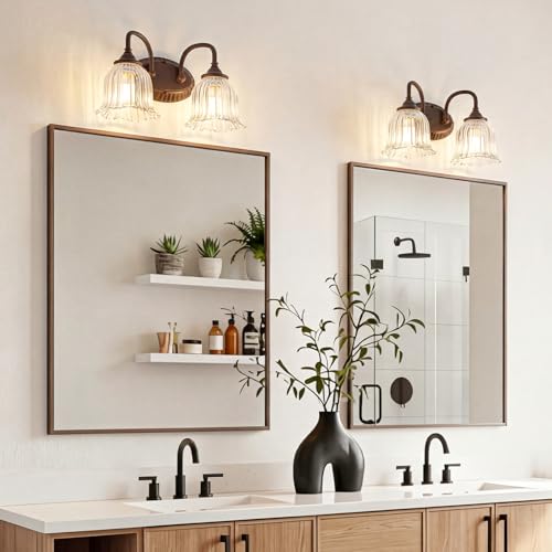 Image of Oil Rubbed Bronze 2-Light Bathroom Light Fixtures with Floral Glass Shade