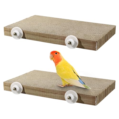 Image of 2 Pack Parrot Perch Bird Chew Toys, Large Cardboard Parakeet Cage Stand Playground, Conure Platform Cockatiel Shredding Grinding Cage Accessories for Budgie Cockatoo, 12.2 x 7.7 x 1.2in
