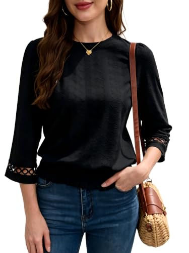 Image of Women's Summer Short Sleeve Eyelet Tops Daily Casual Crewneck T Shirts Elastic Waist Smocked Blouses
