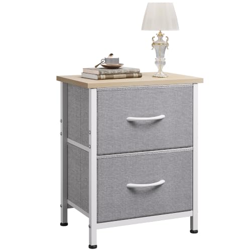Image of WLIVE Night Stand, Gray Nightstand with 2 Fabric Drawers, Small Dresser for Bedroom, Closet, College Dorm, End Table Side Furniture, Wood Top, Light Grey | Small Dresser for Bedroom, 15-Min Quick-Assembly, Sturdy Metal Frame & Adjustable Feet