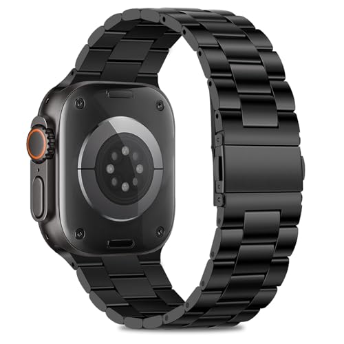 Image of HITZEE Compatible with Apple Watch Ultra Band 49mm Business Stainless Steel Metal Strap Men Women Link Bands Compatible for Apple Watch Ultra 3 /2 /1, 49mm Black