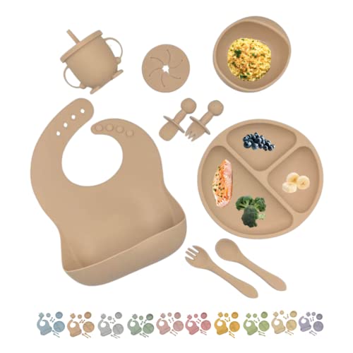 Image of Baby Led Weaning 10 Piece Feeding Eating Supplies | Strong Suction Plate Silicone Cup Snack Lid Drink Lid with Straw Silicone Suction Bowl Bib Spoons Forks Baby Tableware Set 6MonthsToToddler (Khaki)