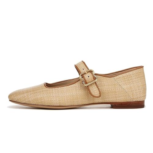Image of DOEYG Raffia Mary Jane Ballet Flats for Women Square Toe Buckle Strap Ballerina Flats Comfortable Dress Shoes