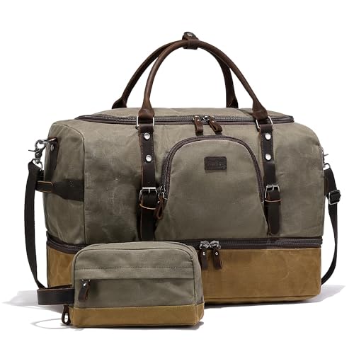 Nerlion Weekender Bag with Shoe Compartment Large Overnight Bag for Men Canvas Genuine Leather Carry on Luggage Bag Travel Duffel Bag(Green)