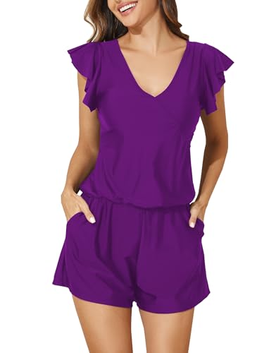 Image of Smismivo Swim Romper with Built in Bra and Pockets Swim Dress Modest One Piece Swimsuit Full Coverage Bathing Suit