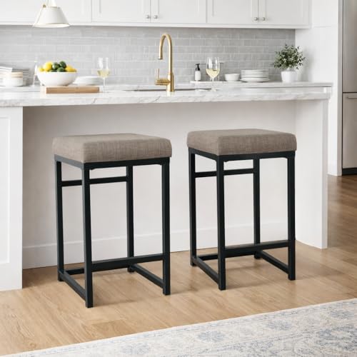 Image of Homepop Home Decor | Modern 24-Inch Counter Stool | Backless Metal Frame Bar Stools Counter Height | Decorative Home Furniture, Brown, K7651.24-F1552