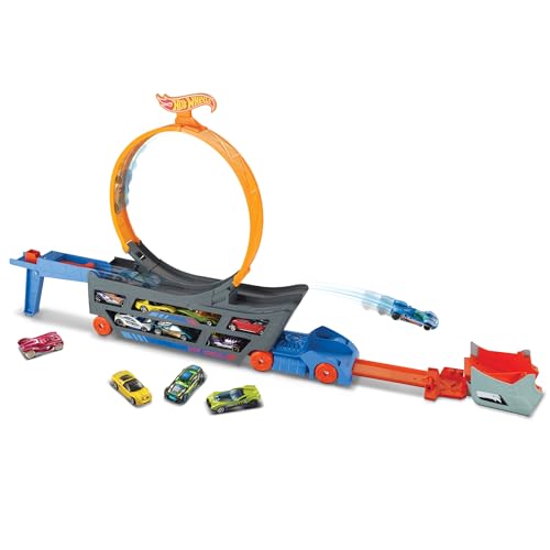 Hot Wheels Transporter Truck Mobile Playset Large Loop Collapsible Launcher Room for 18 Die-Cast 1:16 Vehicles Ages 3 and Up