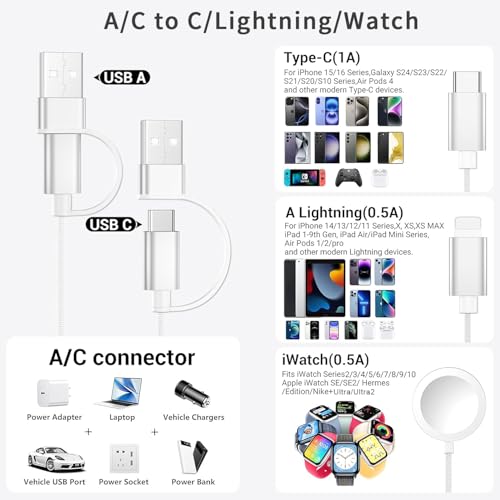 3 in 2 Multi Charging Cable USB C Cable for iPhone Charger Fast Charging, Charging Cables for Multiple Devices Compatible with iPhone 17-11/Air/Pro/iWatch Ultra/SE/11-1/ Galaxy S25 4FT