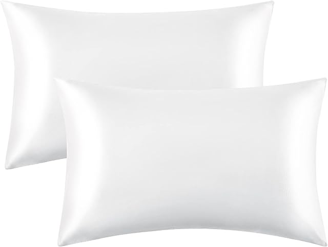 Bedsure Satin Pillow Cases 2 Pack - White Pillowcase for Hair and Skin Standard Size with Envelope Closure, 50 x 75 cm