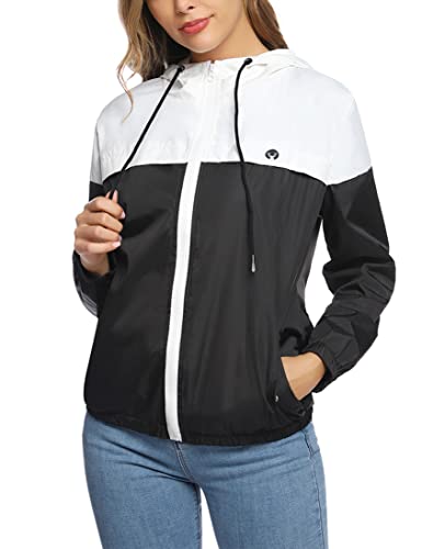 Aottori - Chubasquero para mujer, chaqueta impermeable, ligera, activa, cortavientos para el aire libre, manga larga, casual, con cremallera, para caminar, camping, Negro Blanco, L Cover