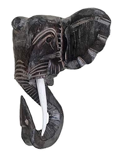 OMA Elephant Head Wall Mount Bust Solid Wood Carved Vintage Finish Lucky Elephant Statue (Brown)