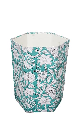 Image of 3.3 Gallon Cotton Hand Block Printed Paper Waste Basket |Small Decorative Trash Can for Housewarming Gifts in Living Room, Bedroom, Bathroom | Eco-Friendly, Plastic-Free (1, L, Green White MOR)