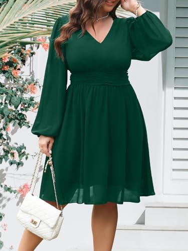 Image of RWJ Women's Plus Size Mini Dress 2025 Wrap V-Neck Empire Waist Long Sleeve Spring Trendy Elegant Flowy Chiffon Dresses