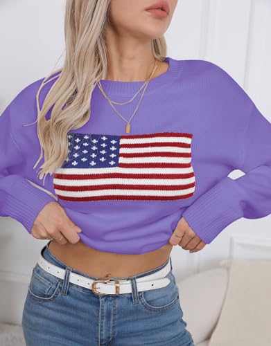 Image of Womens American Flag Sweater Long Sleeve Crew Neck Knitted Casual Pullover Sweater (Purple, Medium)
