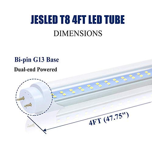 JESLED 4FT T8 LED Tube Light Bulbs, 24W 5000K Daylight White, 3000LM, 4 Foot T12 LED Replacement for Flourescent Tubes, Ballast Bypass, Dual-end Power, Clear, Garage Warehouse Shop Lights (12-Pack)