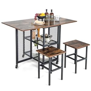 Giantex 3-Piece Foldable Dining Table Set, Drop Leaf Expandable Dining Table & 2 Stools Set w/Lockable Wheels & 2 Mesh Storage Shelves, Space-Saving Dining Room Kitchen Set for Small Place