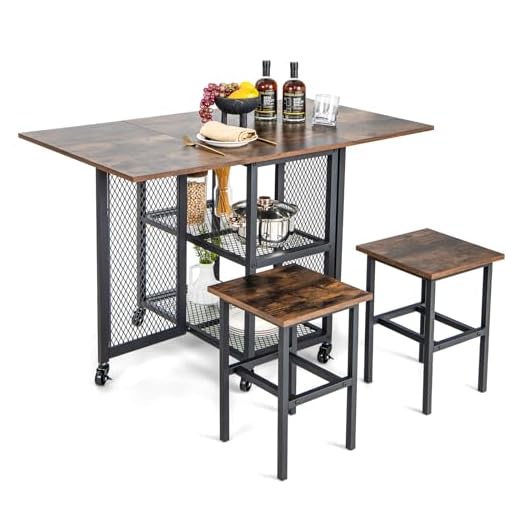 COSTWAY 3 Piece Folding Dining Table Set, Drop Leaf Table and Chairs with 2 Storage Shelves, 4 Pull-out Baskets and 6 Wheels, Metal Frame Bar Table Set for Kitchen Dining Room (Brown) 29 COSTWAY 3 Piece Folding Dining Table Set, Drop Leaf Bar Table Set with 2 Stools, 6 Wheels & 2-Tier Storage Shelf, Space-Saving Dining Table and Chairs for Kitchen Living Room (Brown+Black)
