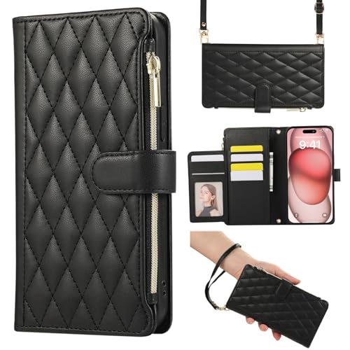 Étui en cuir iPhone 16 Plus noir portefeuille haut de gamme