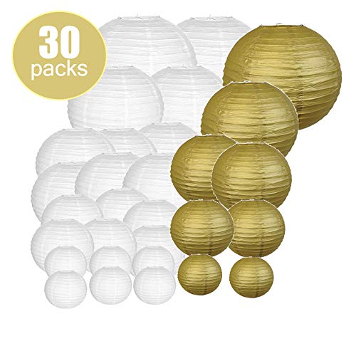 Farolillos de Papel,Linternas de Papel 30 PCS 6 "-14" Papel de oro blanco Lampión de papel Linterna Lantern Lanterna Indoor Evento de fiesta al aire libre Colgando DIY Decoración