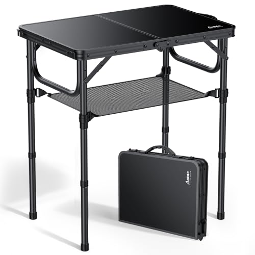 Anbte Table de Camping Pliante 58x40cm, 3 Hauteurs Réglables 26/48/67cm, Table Pique-Nique Légère et Portable en Aluminium + Plateau MDF avec Filet de Rangement, pour Camping Jardin Plage (Noir)