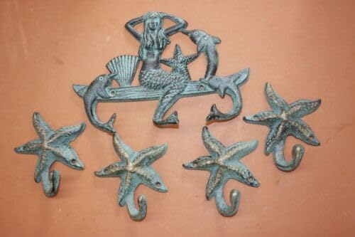 Vintage (5) Mermaid Collector Gift Set,Bronze-Look Cast Iron Mermaid Nautical Wall Hooks -