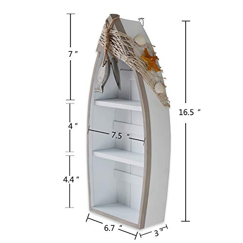 Attraction Design Wooden Boat Shelf, 16.5" H Standing Boat Display with Fish Net Starfish Seashell Accents White Beach Nautical Theme Decor H (Boat Shelf)